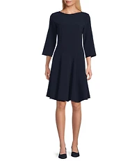 Caroline Rose Crepe Boat Neck 3/4 Sleeve Fit-And-Flare Dress