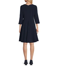 Caroline Rose Crepe Boat Neck 3/4 Sleeve Fit-And-Flare Dress