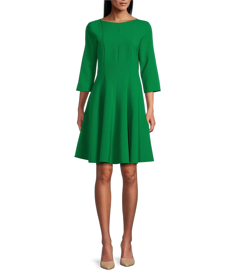 Caroline Rose Crepe Boat Neck 3/4 Sleeve Fit-And-Flare Dress