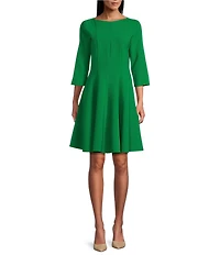 Caroline Rose Crepe Boat Neck 3/4 Sleeve Fit-And-Flare Dress