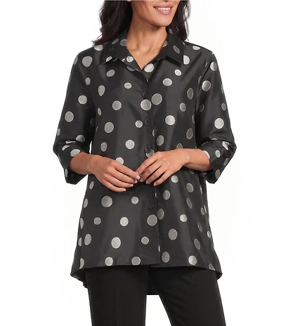 Caroline Rose Embroidered Dot Pattern Point Collar 3/4 Cuff Sleeve Button-Front Shirt
