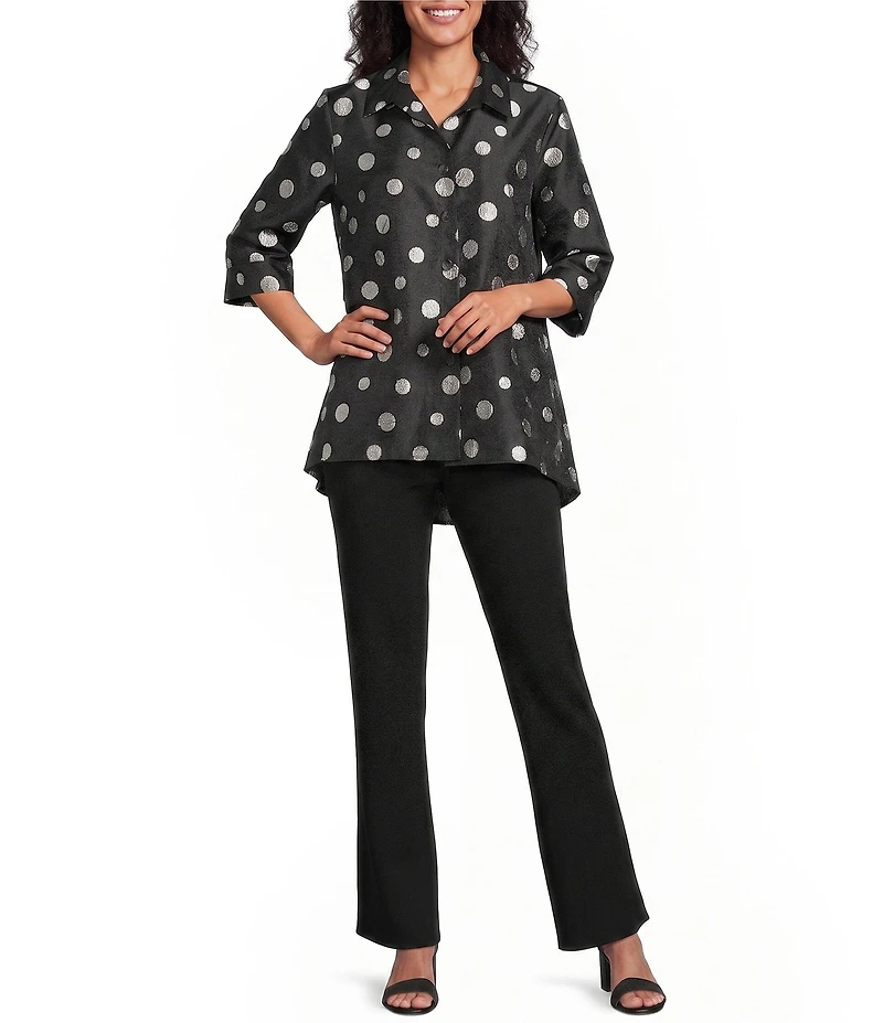 Caroline Rose Embroidered Dot Pattern Point Collar 3/4 Cuff Sleeve Button-Front Shirt