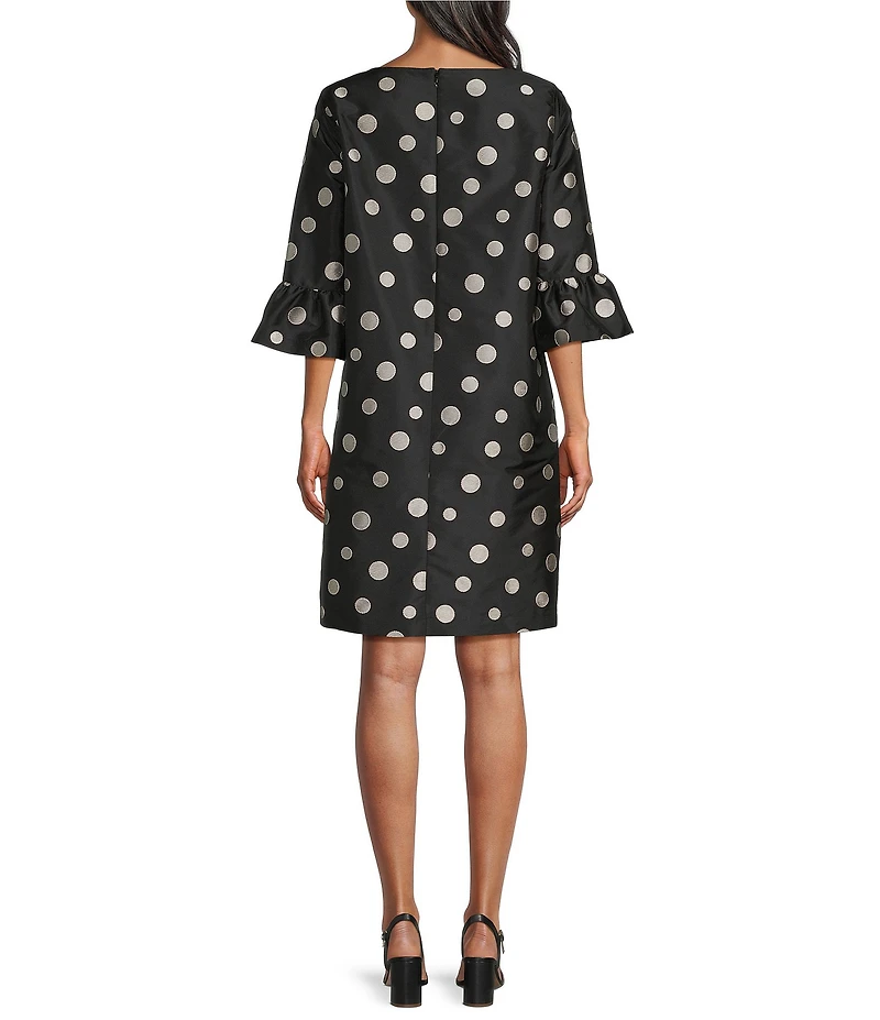 Caroline Rose Embroidered Dot Pattern Scoop Neck 3/4 Ruffle Cuff Sleeve Shift Dress