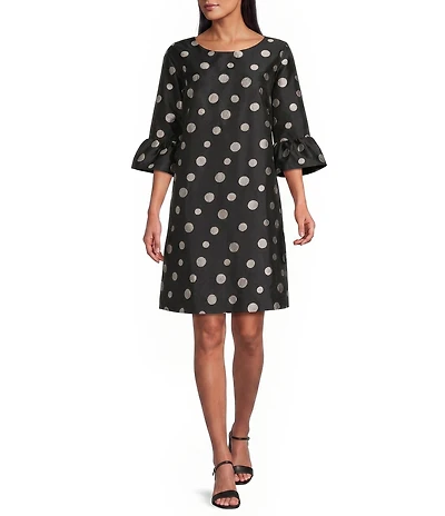Caroline Rose Embroidered Dot Pattern Scoop Neck 3/4 Ruffle Cuff Sleeve Shift Dress