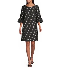 Caroline Rose Embroidered Dot Pattern Scoop Neck 3/4 Ruffle Cuff Sleeve Shift Dress