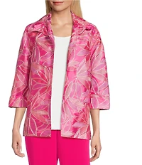 Caroline Rose Embroidered Floral Ruched Collar 3/4 Sleeve Open-Front Statement Jacket