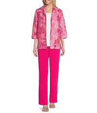 Caroline Rose Embroidered Floral Ruched Collar 3/4 Sleeve Open-Front Statement Jacket