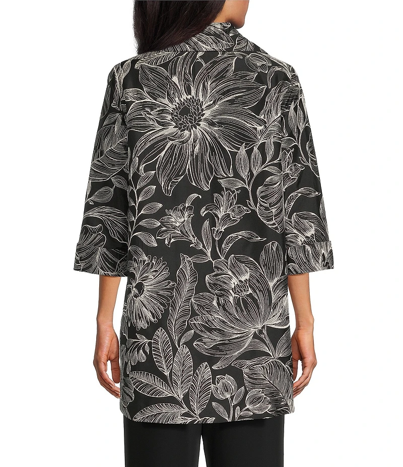 Caroline Rose Exotic Floral Embroidered Jacquard Spread Collar 3/4 Sleeve Statement Jacket
