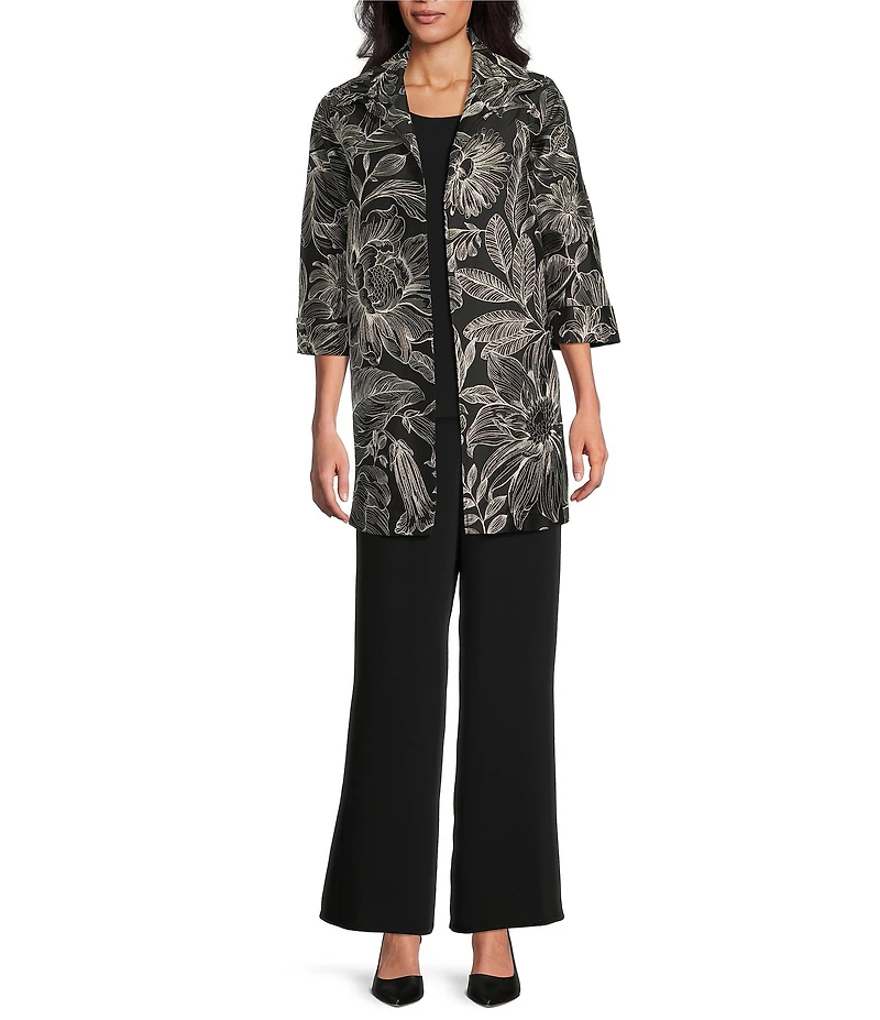 Caroline Rose Exotic Floral Embroidered Jacquard Spread Collar 3/4 Sleeve Statement Jacket