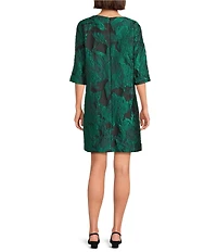 Caroline Rose Floral Pattern Cloque Jacquard Scoop Neck 3/4 Sleeve Shift Dress