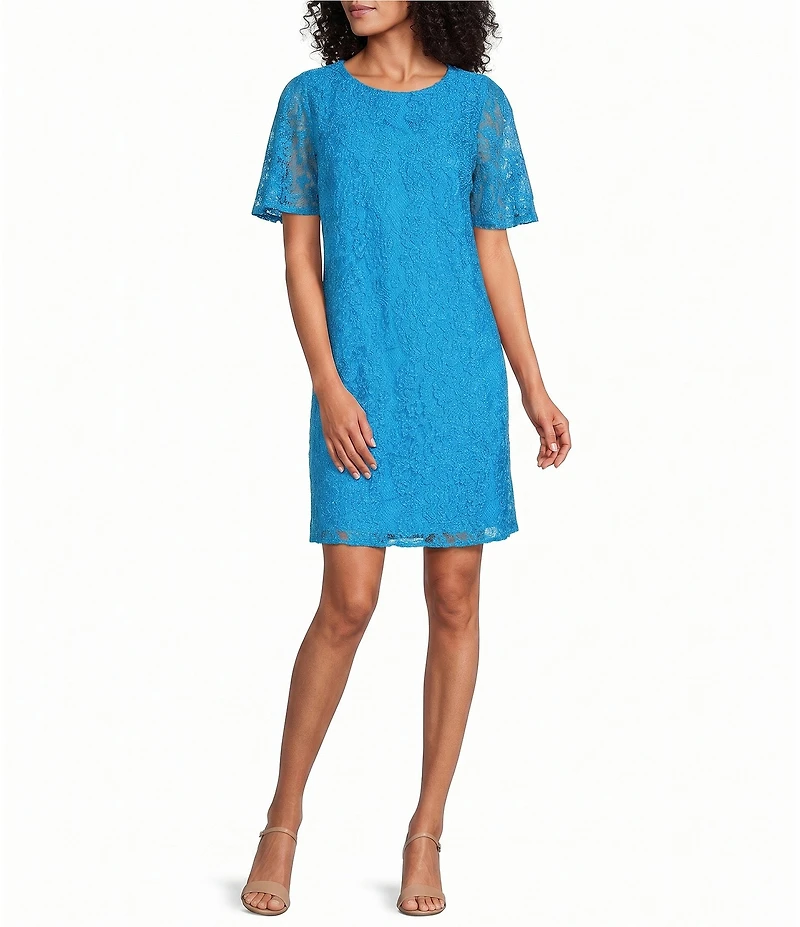 Caroline Rose Floral Pattern Stretch Lace Scoop Neck Flutter Elbow Sleeve Dress