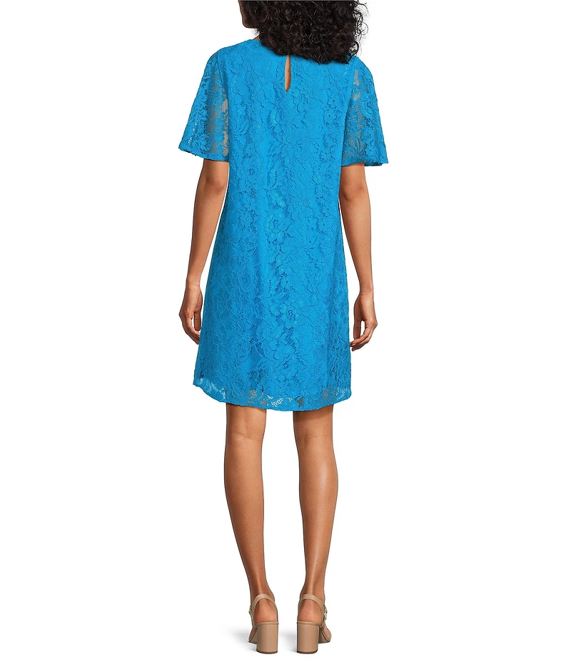 Caroline Rose Floral Pattern Stretch Lace Scoop Neck Flutter Elbow Sleeve Dress