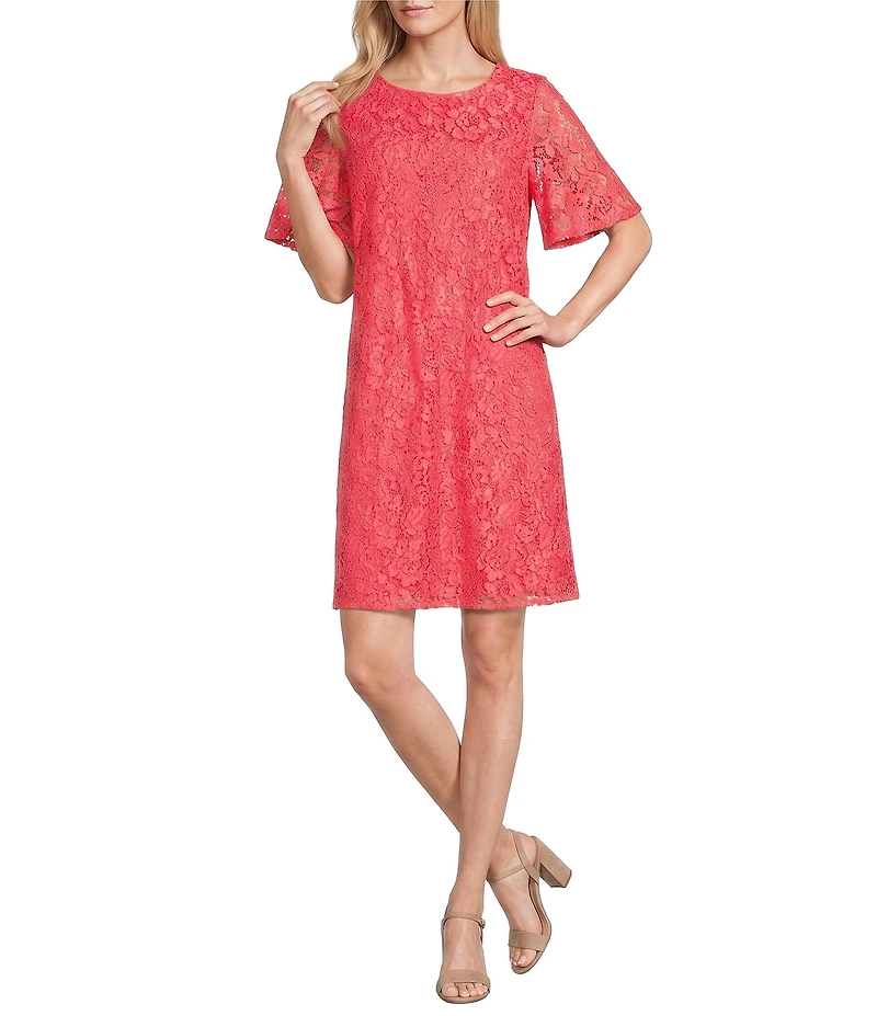 Caroline Rose Floral Pattern Stretch Lace Scoop Neck Flutter Elbow Sleeve Dress