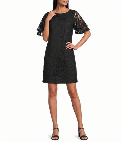 Caroline Rose Floral Pattern Stretch Lace Scoop Neck Flutter Elbow Sleeve Dress