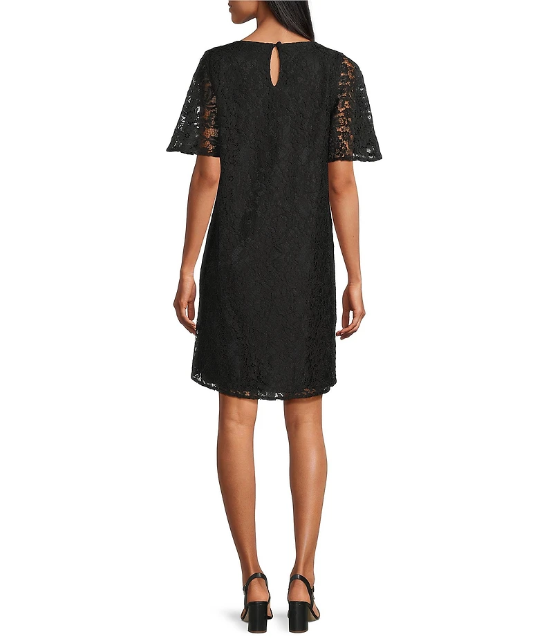 Caroline Rose Floral Pattern Stretch Lace Scoop Neck Flutter Elbow Sleeve Dress