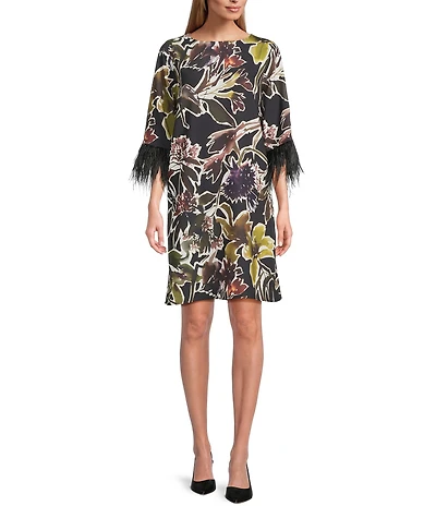 Caroline Rose Floral Print Crepe Scoop Neck 3/4 Sleeve Feather Trim Dress