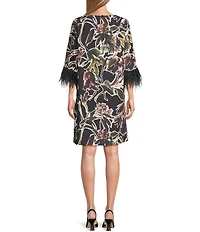 Caroline Rose Floral Print Crepe Scoop Neck 3/4 Sleeve Feather Trim Dress