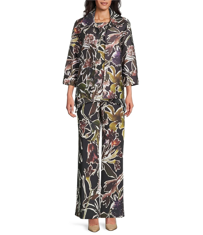 Caroline Rose Floral Print Mikado Spread Collar Bracelet Sleeve Coordinating Jacket