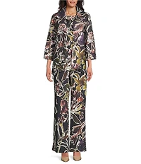 Caroline Rose Floral Print Mikado Spread Collar Bracelet Sleeve Coordinating Jacket