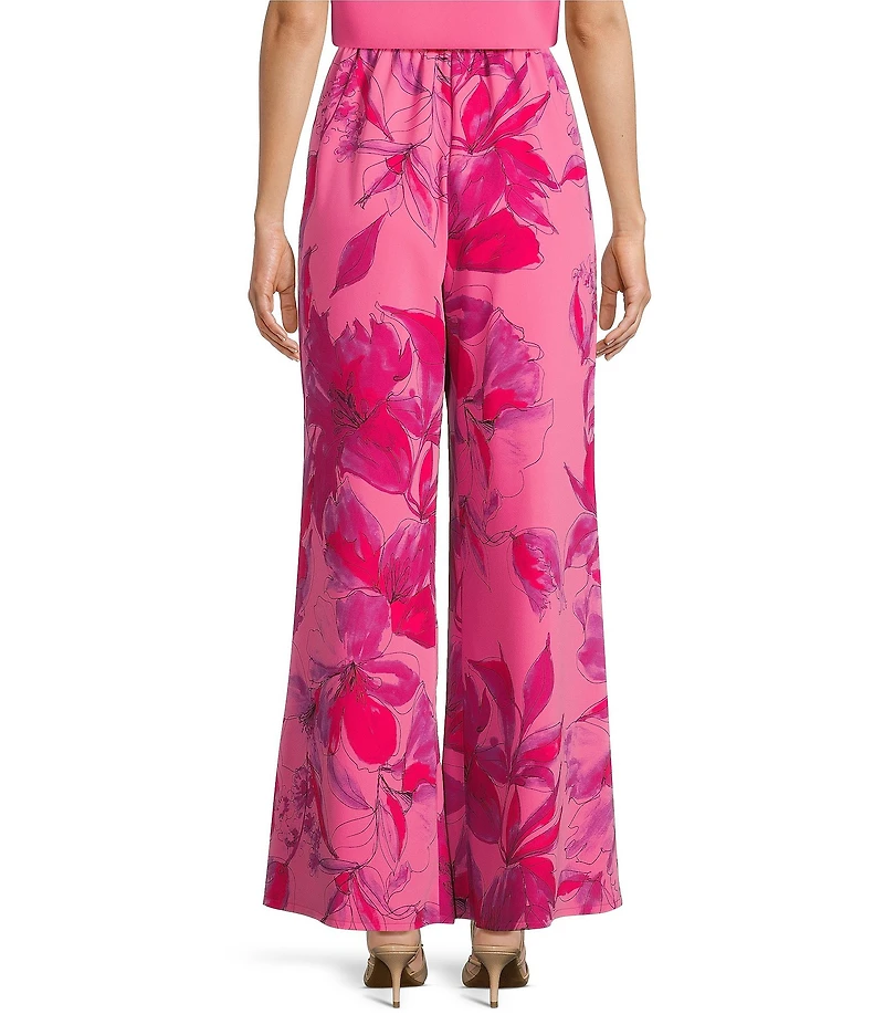 Caroline Rose Flower Splash Print Elastic Waist Side Leg Pants