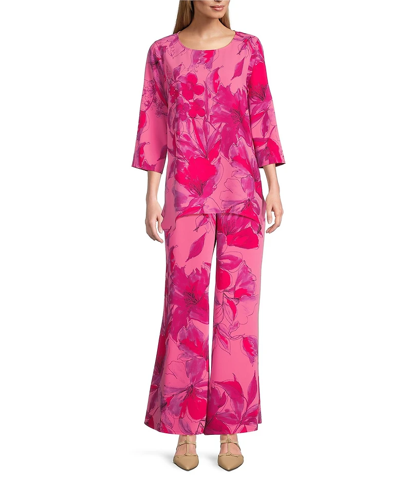 Caroline Rose Flower Splash Print Scoop Neck 3/4 Sleeve Party Top
