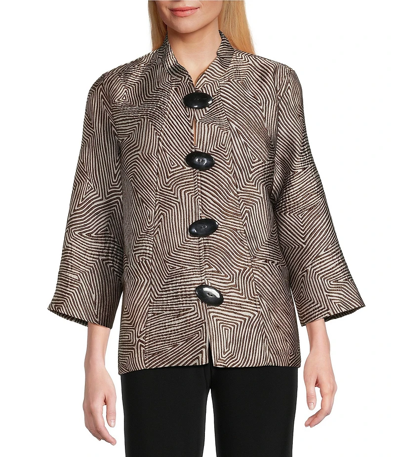 Caroline Rose Geometric Jacquard Stand Collar 3/4 Sleeve Button Front Jacket