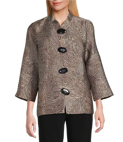 Caroline Rose Geometric Jacquard Stand Collar 3/4 Sleeve Button Front Jacket