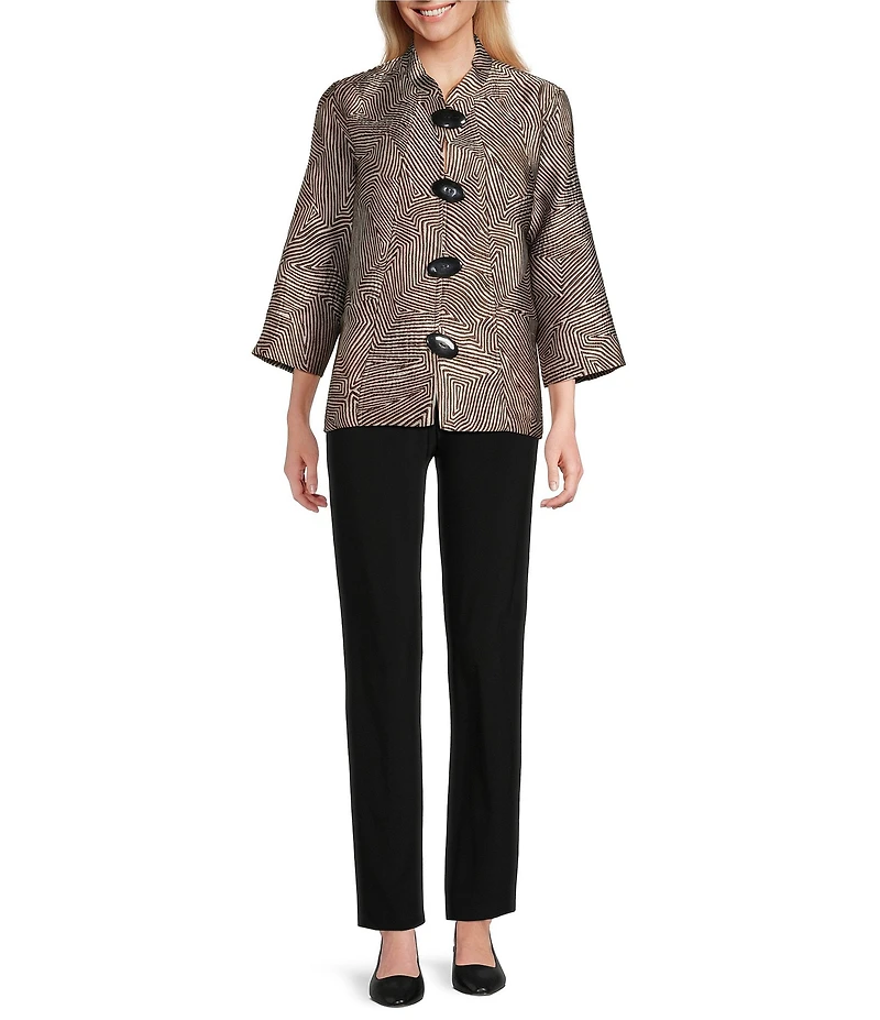 Caroline Rose Geometric Jacquard Stand Collar 3/4 Sleeve Button Front Jacket