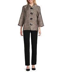 Caroline Rose Geometric Jacquard Stand Collar 3/4 Sleeve Button Front Jacket
