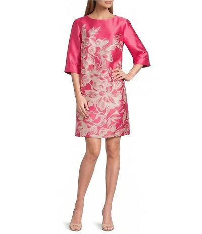 Caroline Rose Gianna Satin Jacquard Magnolia Floral Monotone Print Scoop Neck Cuffed 3/4 Sleeve A-Line Dress