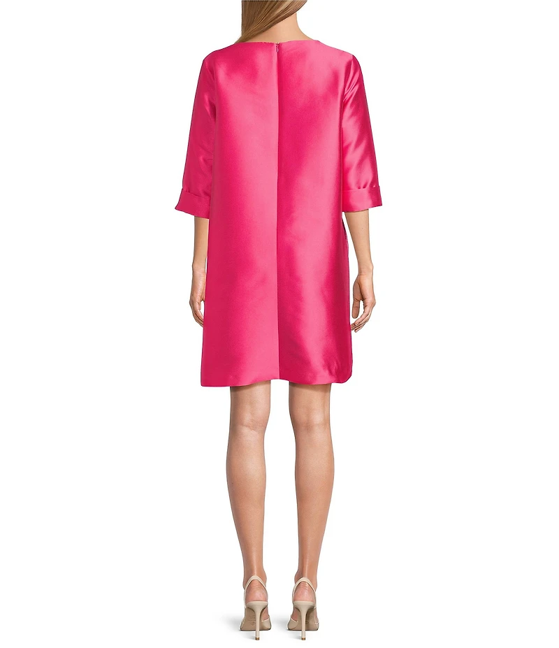 Caroline Rose Gianna Satin Jacquard Magnolia Floral Monotone Print Scoop Neck Cuffed 3/4 Sleeve A-Line Dress