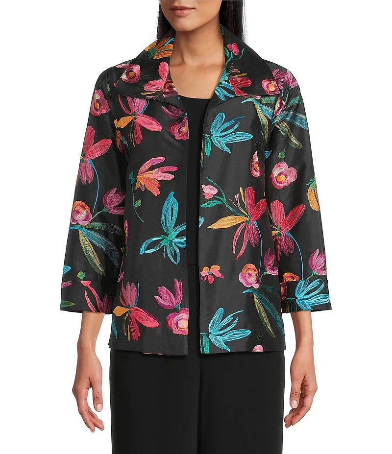 Caroline Rose Glorious Garden Floral Embroidered Jacquard Spread Collar Bracelet Sleeve Open-Front Statement Jacket