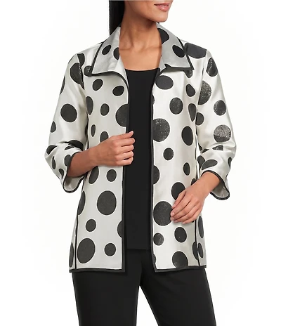 Caroline Rose Graphic Dot Jacquard Spread Collar 3/4 Sleeve Open-Front Statement Jacket