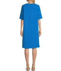 Caroline Rose Harper Stretch Crepe Scoop Neck Elbow Sleeve High-Low Hem A-Line Dress