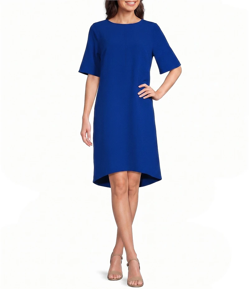 Caroline Rose Harper Stretch Crepe Scoop Neck Elbow Sleeve High-Low Hem A-Line Dress