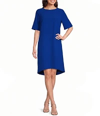 Caroline Rose Harper Stretch Crepe Scoop Neck Elbow Sleeve High-Low Hem A-Line Dress