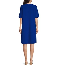 Caroline Rose Harper Stretch Crepe Scoop Neck Elbow Sleeve High-Low Hem A-Line Dress