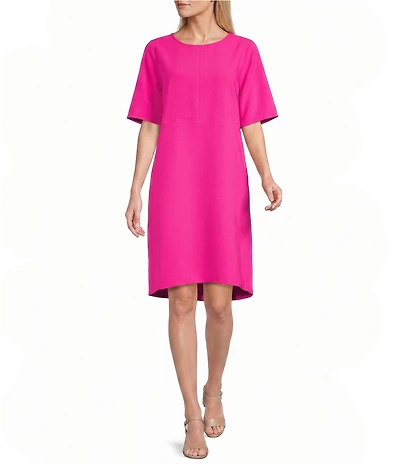 Caroline Rose Harper Stretch Crepe Scoop Neck Elbow Sleeve High-Low Hem A-Line Dress
