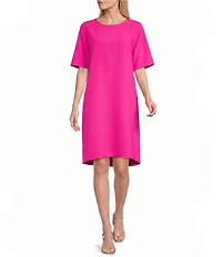 Caroline Rose Harper Stretch Crepe Scoop Neck Elbow Sleeve High-Low Hem A-Line Dress