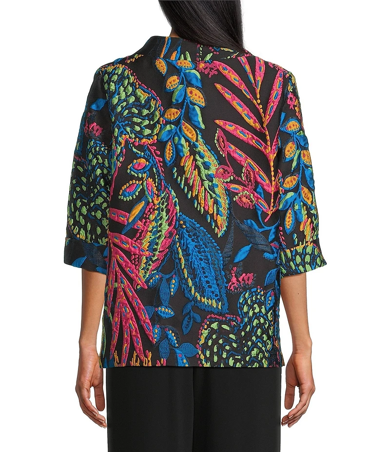 Caroline Rose Jackie Colorful Exotic Print Cloque Mock Collar 3/4 Cuffed Sleeve Button Front Statement Jacket