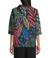 Caroline Rose Jackie Colorful Exotic Print Cloque Mock Collar 3/4 Cuffed Sleeve Button Front Statement Jacket