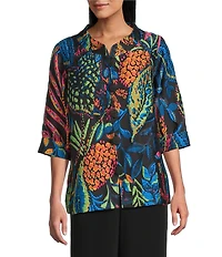 Caroline Rose Jackie Colorful Exotic Print Cloque Mock Collar 3/4 Cuffed Sleeve Button Front Statement Jacket