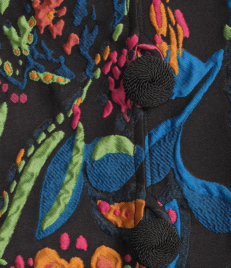 Caroline Rose Jackie Colorful Exotic Print Cloque Mock Collar 3/4 Cuffed Sleeve Button Front Statement Jacket