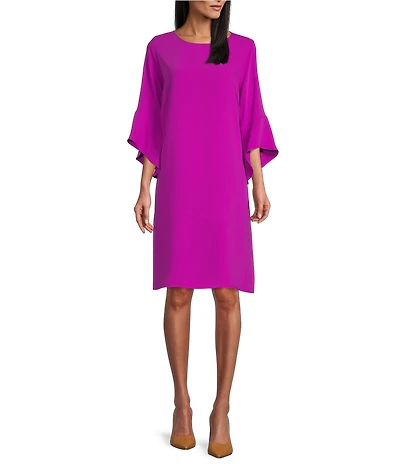 Caroline Rose Julia Matte Crepe 3/4 Ruffle Sleeve Shift Round Neck Shift Dress