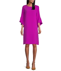 Caroline Rose Julia Matte Crepe 3/4 Ruffle Sleeve Shift Round Neck Shift Dress