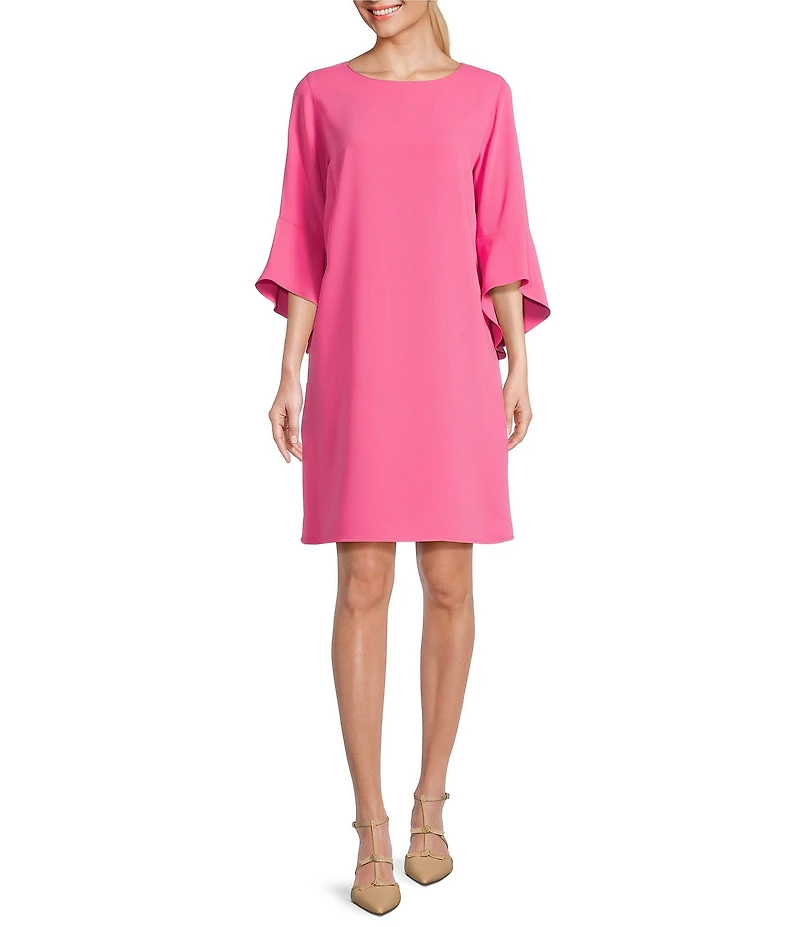 Caroline Rose Julia Matte Crepe 3/4 Ruffle Sleeve Shift Round Neck Shift Dress