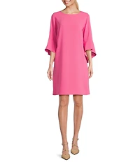 Caroline Rose Julia Matte Crepe 3/4 Ruffle Sleeve Shift Round Neck Shift Dress