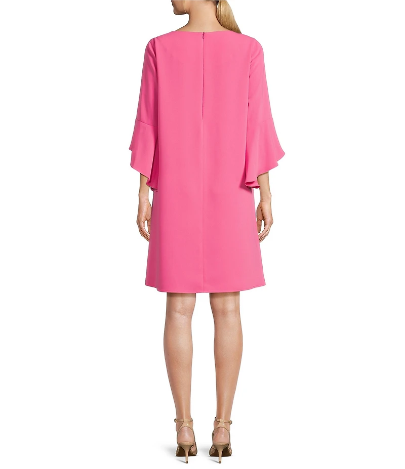 Caroline Rose Julia Matte Crepe 3/4 Ruffle Sleeve Shift Round Neck Shift Dress