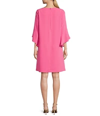 Caroline Rose Julia Matte Crepe 3/4 Ruffle Sleeve Shift Round Neck Shift Dress