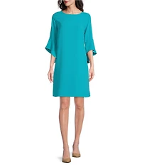 Caroline Rose Julia Matte Crepe 3/4 Ruffle Sleeve Shift Round Neck Shift Dress